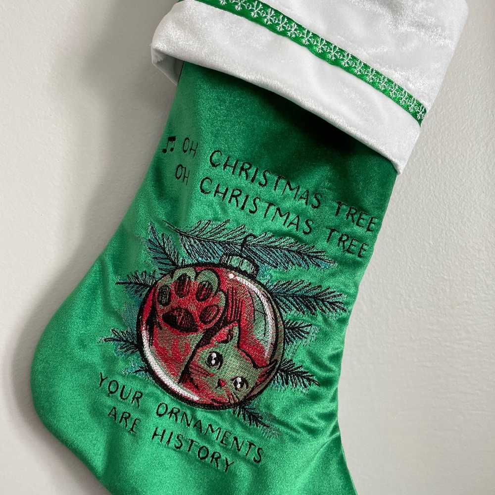 Handcrafted bad kitty Christmas stocking in green velvet